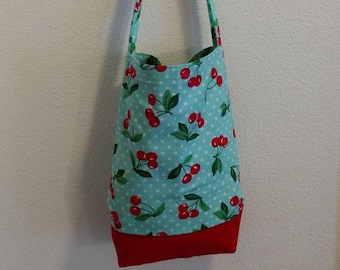 Cherry Dot Purse, Bag, Reusable Bag, Shoulder Bag, Red cherries, Mint, Polka Dots