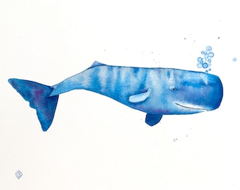 Original whale watercolor painting - whale artwork for home, charming kids wall art, blue sea life art for nursery