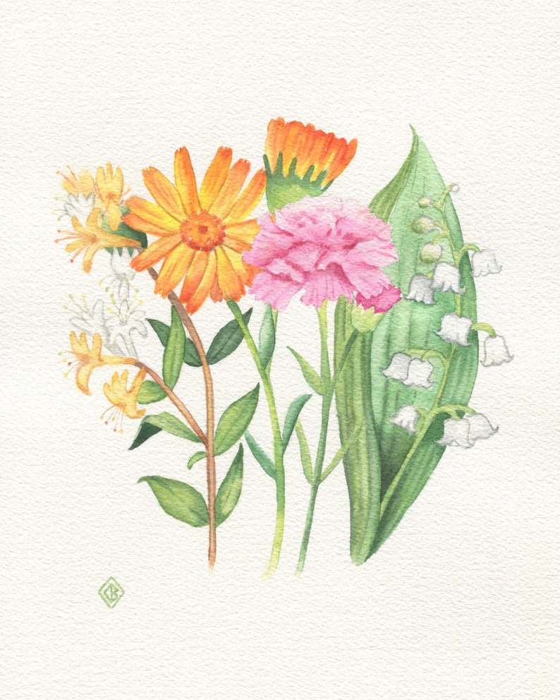 May include: A watercolor painting of a bouquet of flowers, including orange calendula, pink carnations, white lily of the valley, and yellow honeysuckle.