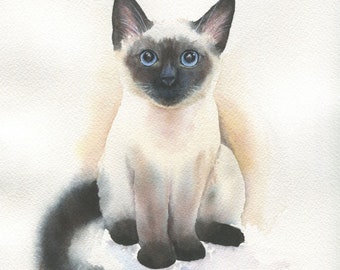 Original Siamese kitten watercolor painting - original cat painting, small original watercolor artwork, gift for cat lover