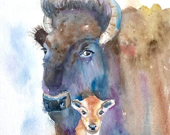 Original bison father and baby - Original watercolor painting, Impressionist artwork, ranch farm house art, nursery art, Father’s Day art