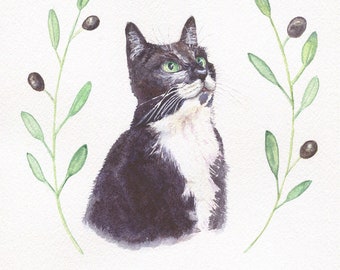 Custom watercolor cat portrait - 8x10 classical pet painting, commissioned cat artwork, watercolor olive branch wreath, pet memorial