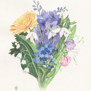 May include: A watercolor painting of a bouquet of spring flowers. The bouquet includes purple delphiniums, white snowdrops, blue forget-me-nots, pink sweet peas, and yellow daffodils.