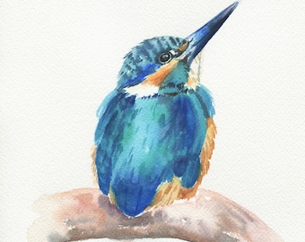 Original kingfisher painting - 8x9" watercolor painting, colorful impressionist original artwork, original bird painting