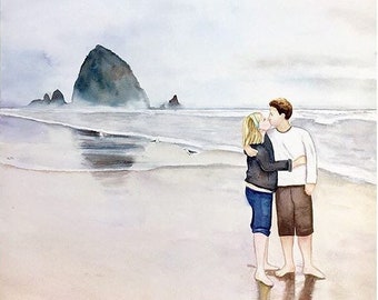 Custom watercolor portrait and landscape - couple portrait, romantic anniversary gift, travel memento art, original artwork