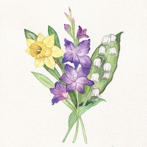 May include: A watercolor painting of a bouquet of flowers. The bouquet includes yellow daffodils, purple gladiolus, and white lily of the valley.