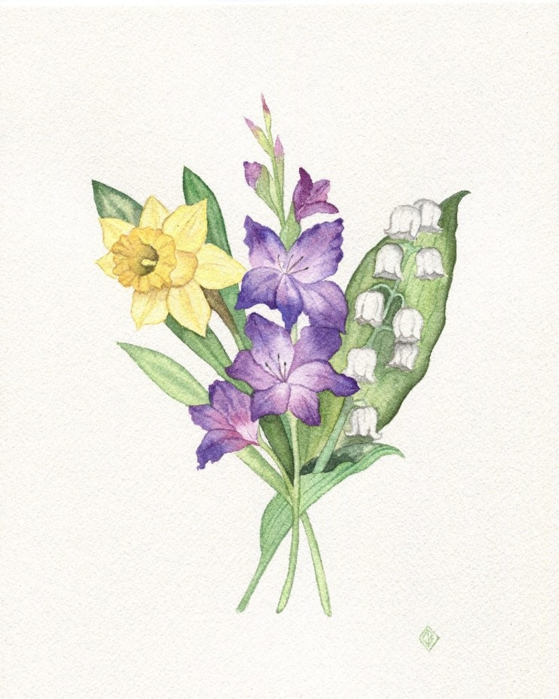 May include: A watercolor painting of a bouquet of flowers. The bouquet includes yellow daffodils, purple gladiolus, and white lily of the valley.