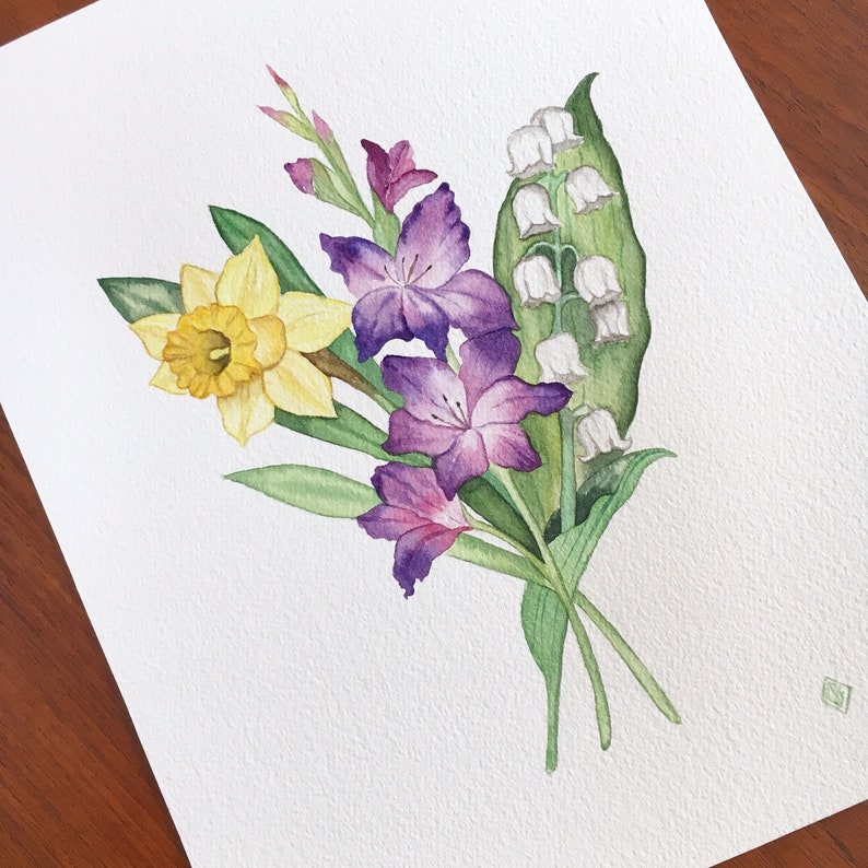 May include: Watercolor painting of a bouquet of flowers. The bouquet includes yellow daffodils, purple gladiolus, and white lily of the valley.