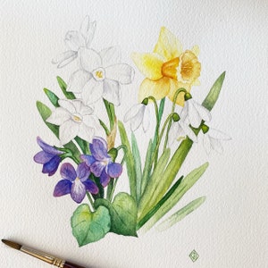 May include: A watercolor painting of a bouquet of spring flowers. The bouquet includes white daffodils, white snowdrops, and purple violets. The flowers are painted on a white background.