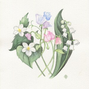 May include: Watercolor painting of a bouquet of spring flowers, including white violets, pink sweet peas, blue and purple sweet peas, and white lily of the valley.