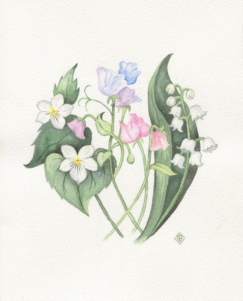 May include: Watercolor painting of a bouquet of spring flowers, including white violets, pink sweet peas, blue and purple sweet peas, and white lily of the valley.