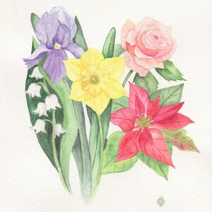 May include: Watercolor painting of a bouquet of flowers. The bouquet includes a purple iris, a yellow daffodil, a pink rose, and a red poinsettia.