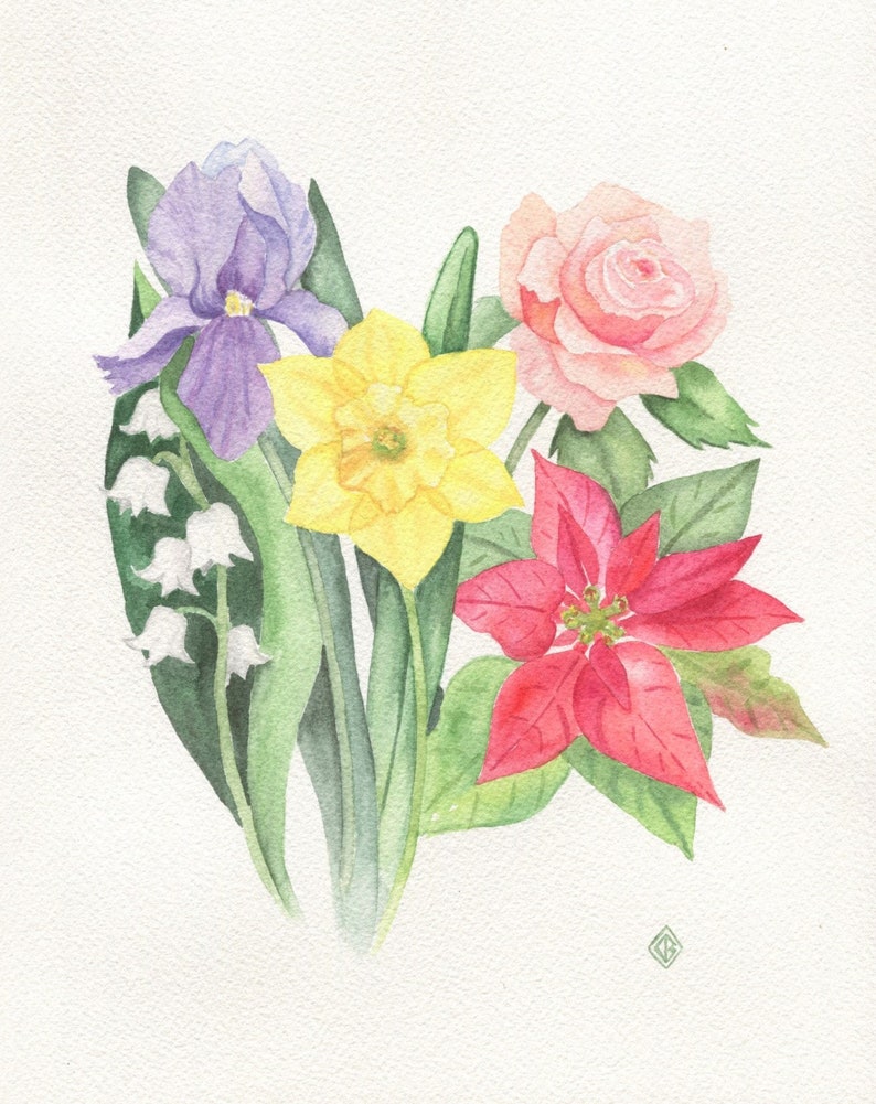 May include: Watercolor painting of a bouquet of flowers. The bouquet includes a purple iris, a yellow daffodil, a pink rose, and a red poinsettia.