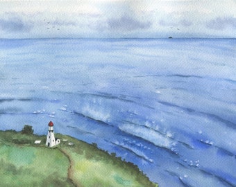 Original lighthouse seascape watercolor painting - impressionist painting, original watercolor landscape art, blue seascape coastal decor