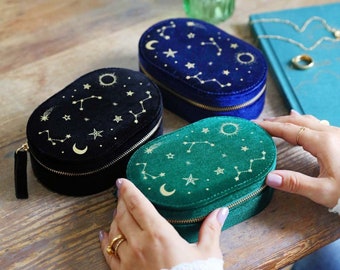Starry Night Velvet Oval Jewellery Case • Black • Teal Green • Navy Blue • Fabric Case • Storage • Celestial • Travel Essentials