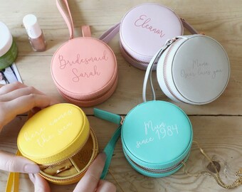 Personalised Mini Round Travel Jewellery Case - Pink - Yellow - Lavender - Grey - Turquoise