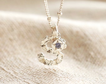 Hammered Initial and Birthstone Charm Necklace in Vintage Gold