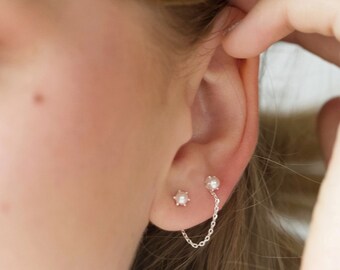 Double Pearl Stud Chain Earring in Silver
