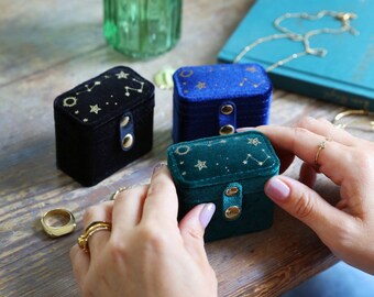 Starry Night Velvet Petite Travel Ring Box • Navy Blue, Teal Green, Black, Red, Celestial, Jewellery Storage, Name • Lisa Angel