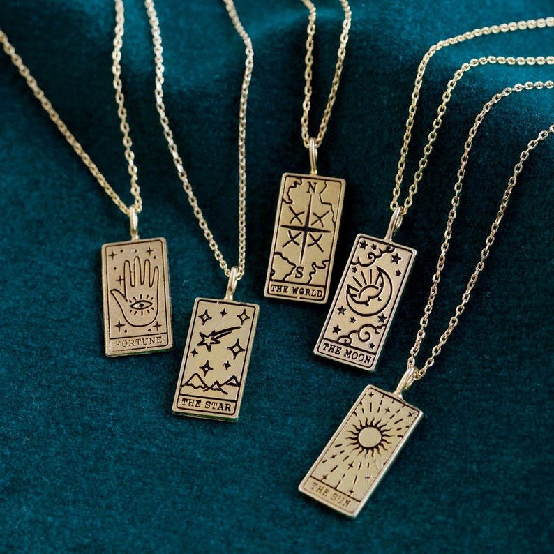 Gold Tarot Card Pendant Necklace • Sun • Moon • Fortune • Star • World • Tag Pendant • Spiritual Jewellery • Lisa Angel 