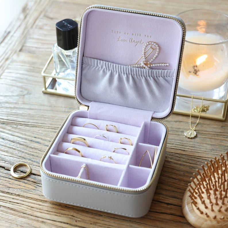 Personalised Square Travel Jewellery Box Grey Lavender Etsy UK