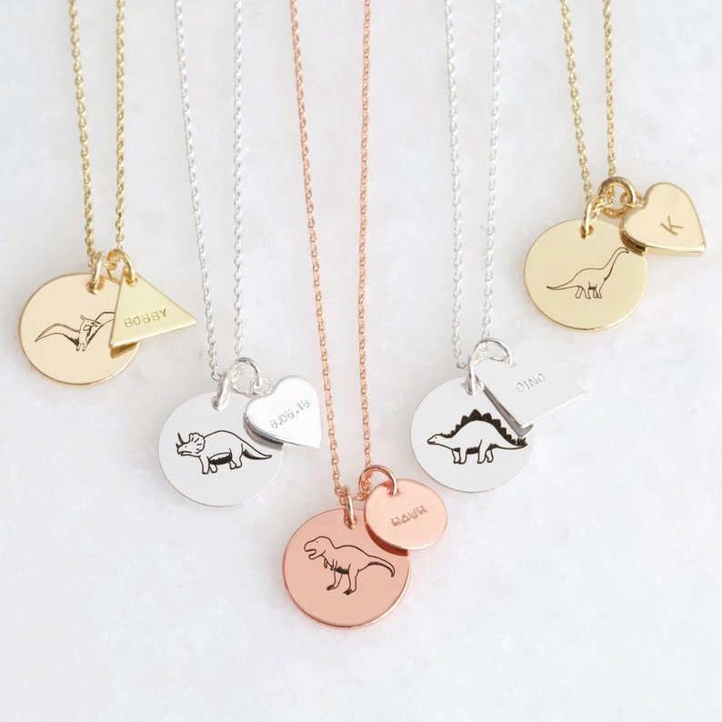 Personalised Dinosaur Disc Necklace - Silver - Gold - Rose Gold - Engraved 