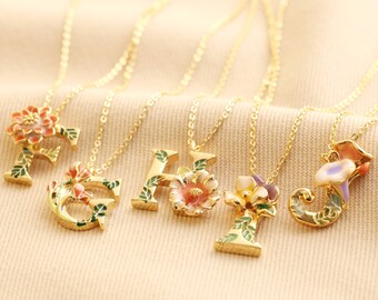 Gold Floral Initial Necklace Enamel 