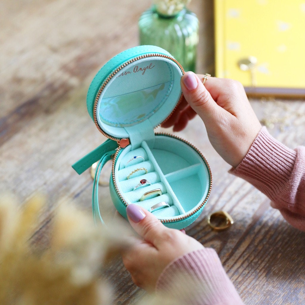 Mini Round Travel Jewellery Case Grey Blue Green Etsy UK