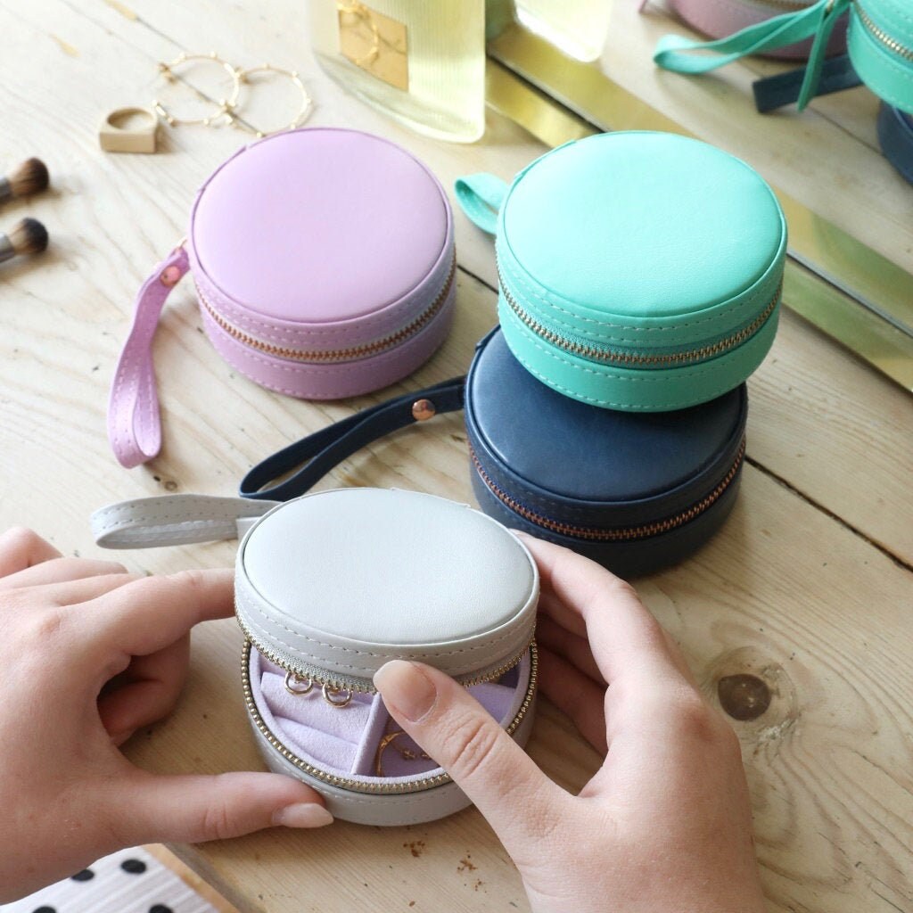 Mini Round Travel Jewellery Case Purple Grey Navy Blue Etsy