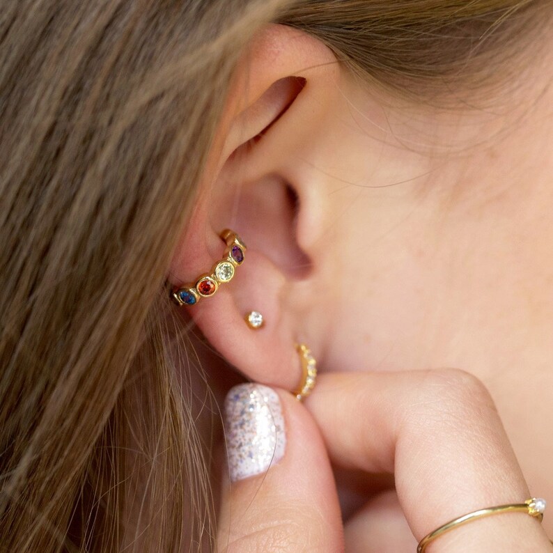 Rainbow Gem Ear Cuff in Gold