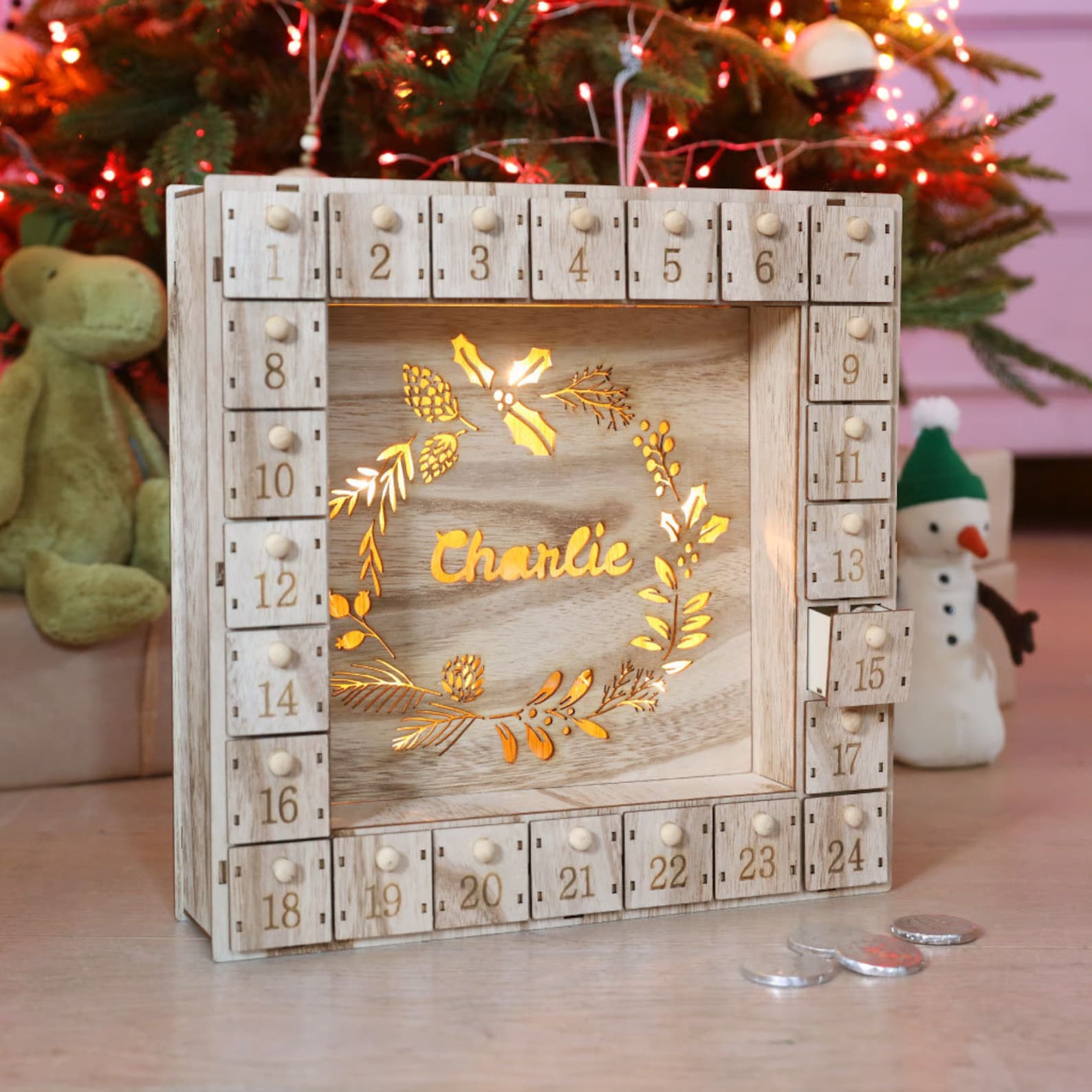 Personalised Fill Your Own Wooden Wreath Advent Calendar Light Box