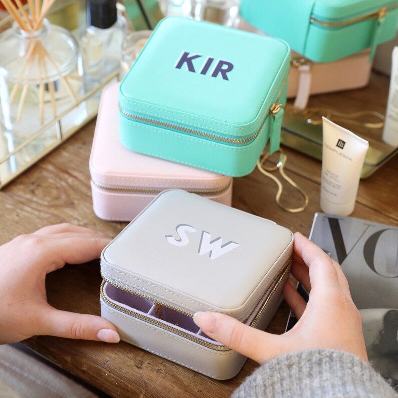 Personalised Block Initials Square Travel Jewellery Box Grey Etsy