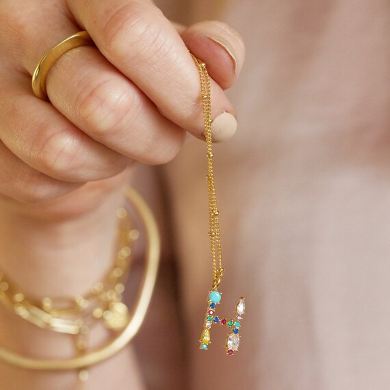 Rainbow Crystal Initial Necklace Gold 