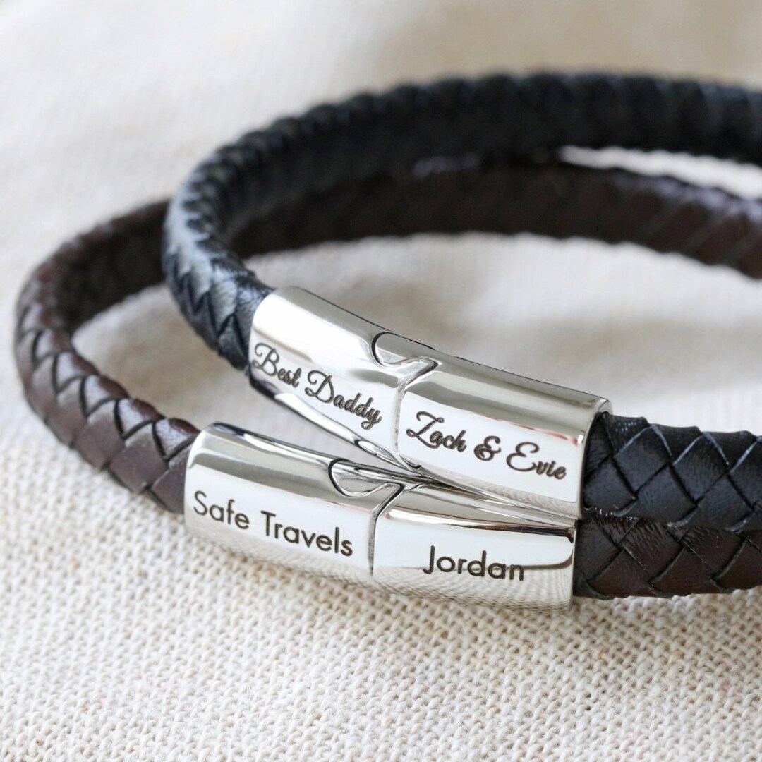 Men's Engraved Woven Bracelet With Clasp Black Etsy UK