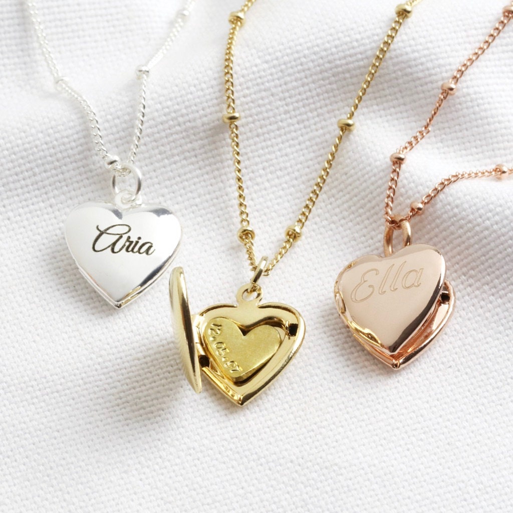 Gold heart locket necklace engraved Clearance