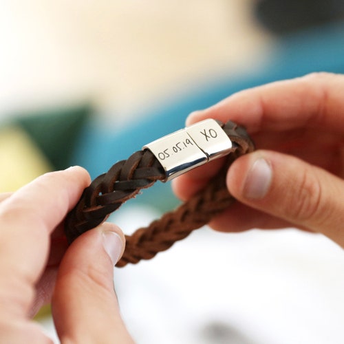 Engraved Men's Leather Bracelet Black Brown Engraved Etsy UK