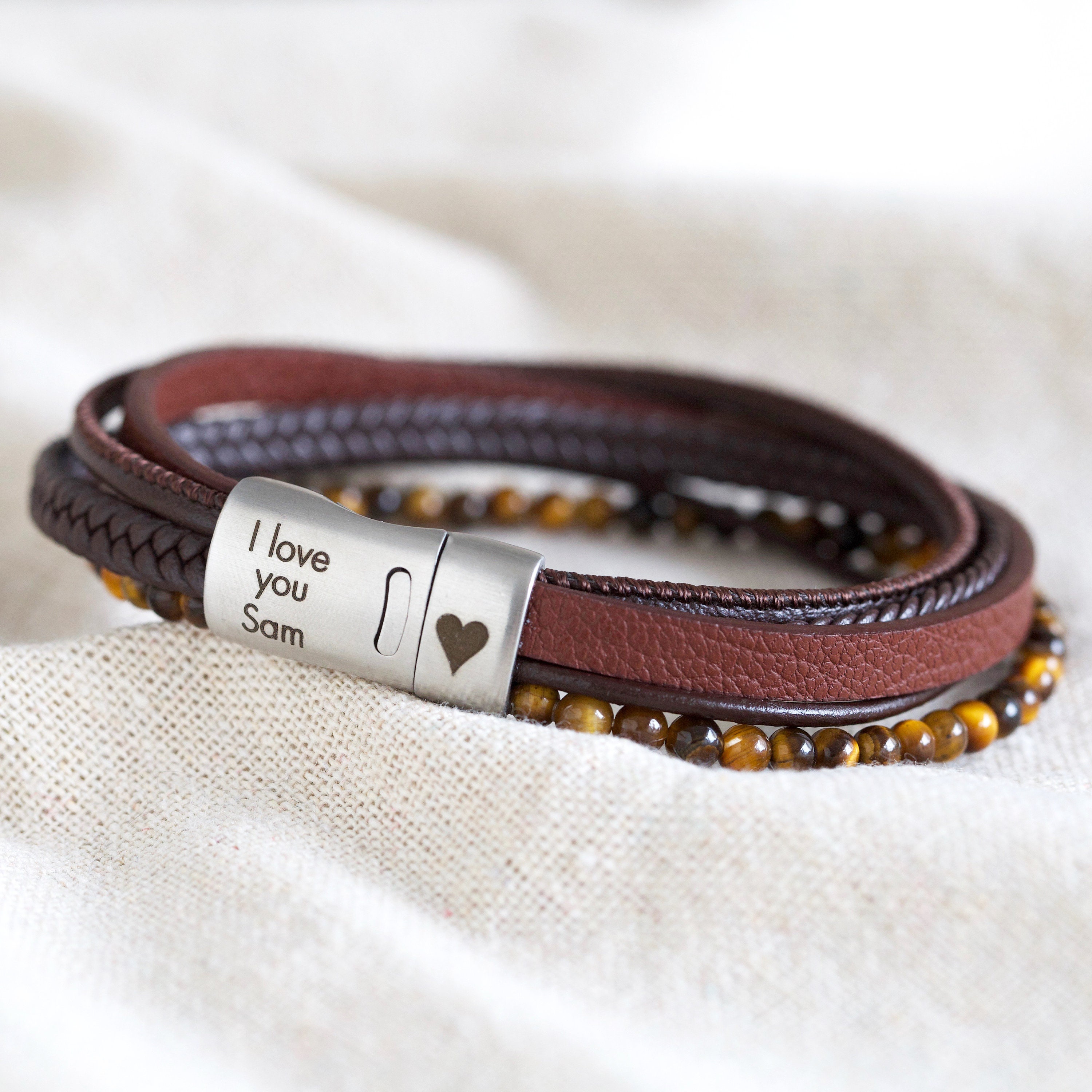 Men's Personalised Leather and Tiger Eye Bead Bracelet - Etsy UK