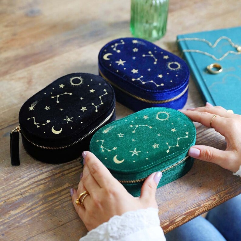 Starry Night Velvet Oval Jewellery Case • Black • Teal Green • Navy Blue • Fabric Case • Storage • Celestial • Travel Essentials 