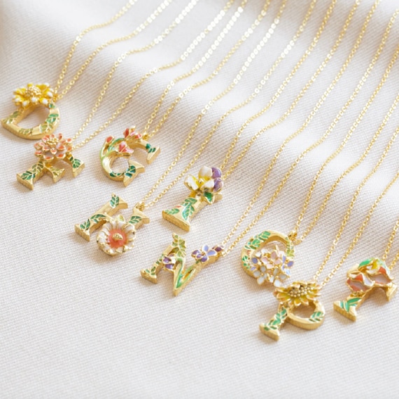 Gold Floral Initial Necklace Enamel 