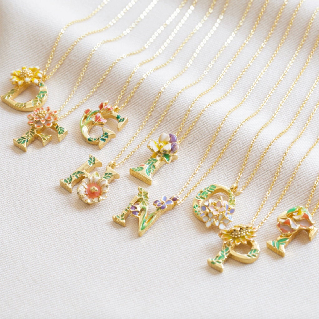 Gold Floral Initial Necklace Enamel 