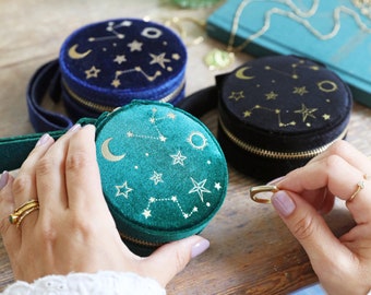 Starry Night Velvet Mini Round Jewellery Case - Navy - Teal - Green - Blue - Black