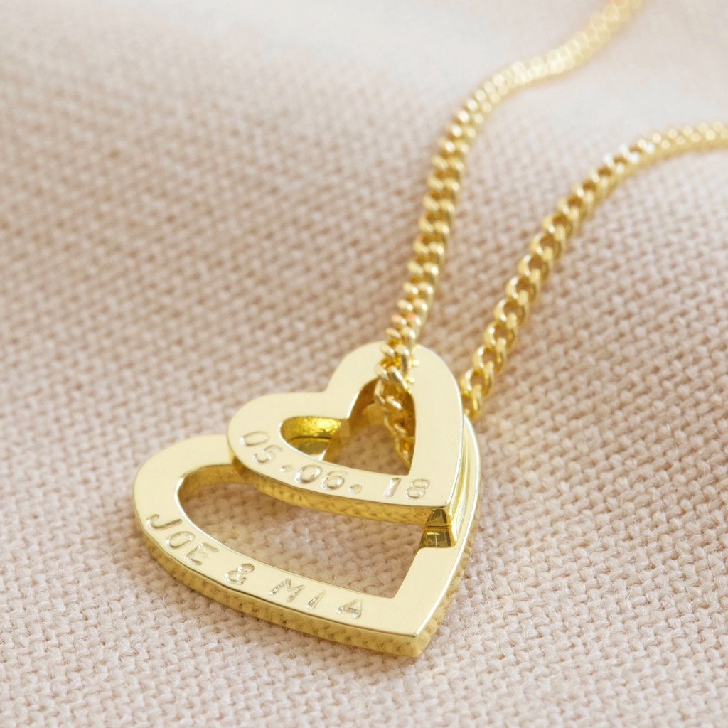 Personalised Double Heart Outline Pendant Necklace Gold - Etsy UK