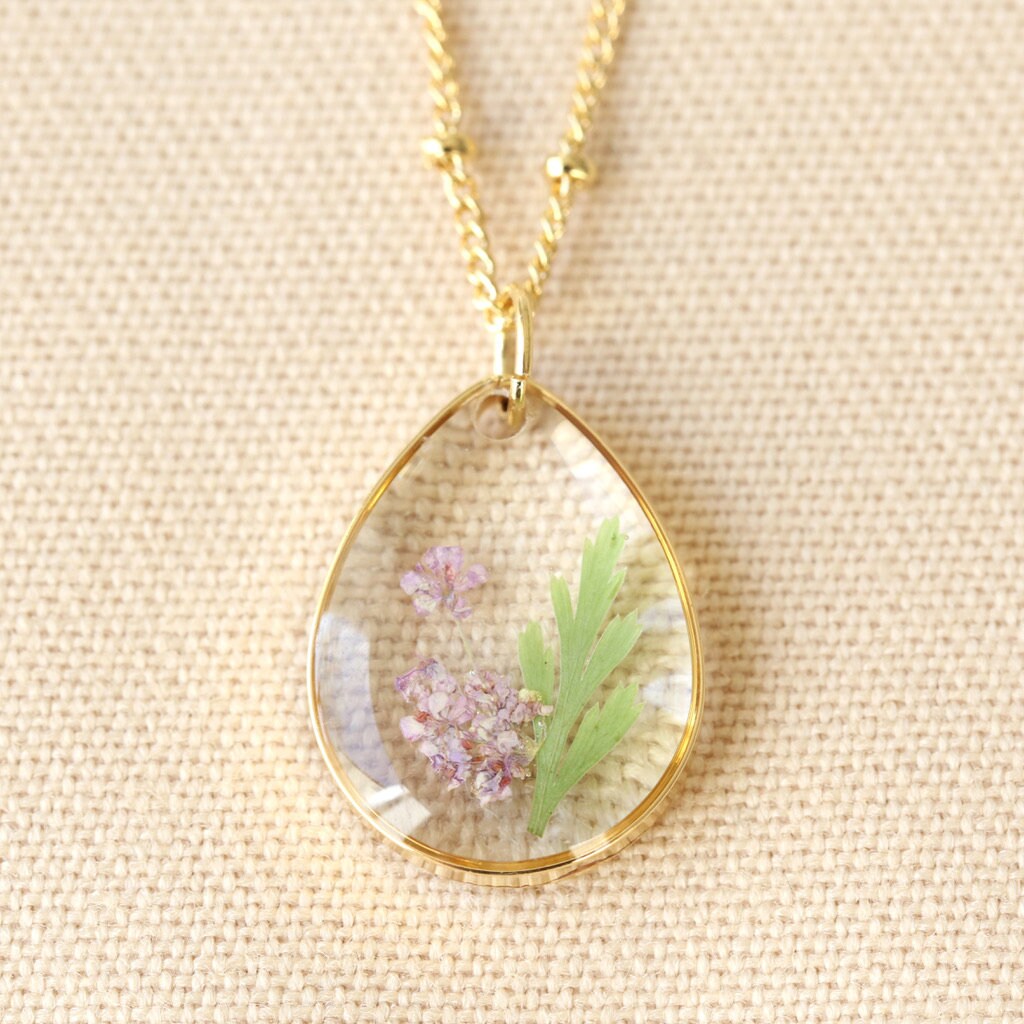 Pressed Birth Flower Pendant Necklace Gold Birthday Etsy