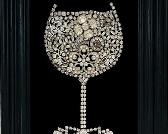 Wine Glass Framed Artwork from Vintage Jewelry Art/Original Handmade