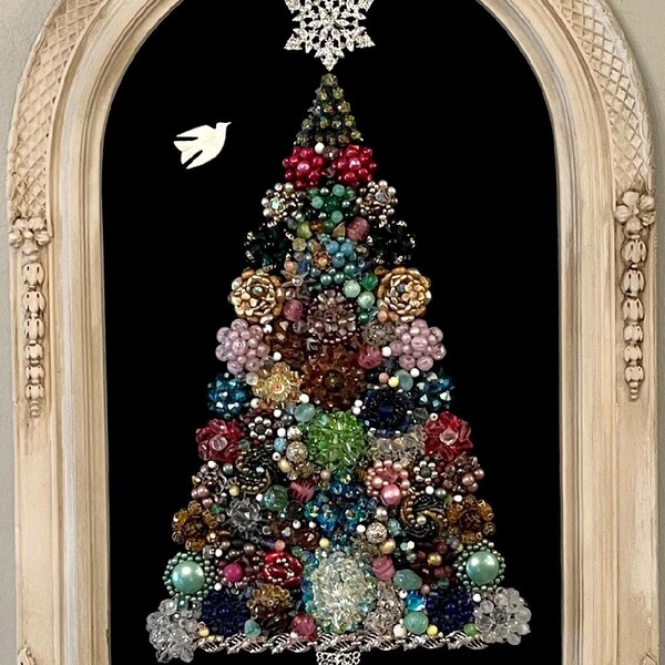 Framed Artwork Christmas Tree with Vintage Jewelry Handmade