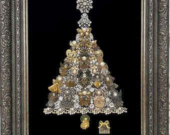 Vintage Costume Jewelry Framed Art Angel Christmas Tree