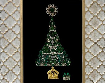 Framed Artwork Green Christmas Tree with Vintage Jewelry Handmade