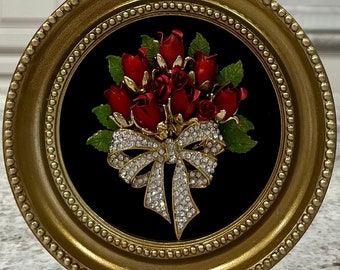 Framed Art Roses Flower Bouquet /Handmade with Vintage Jewelry