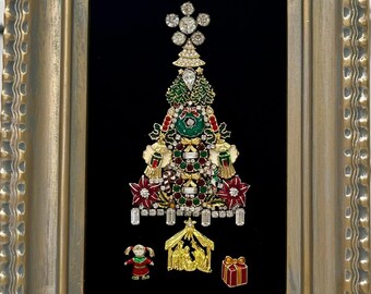 Vintage Costume Jewelry Framed Art Christmas Tree