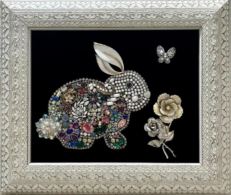 Original Bunny Rabbit Framed Art From Vintage Jewelry Etsy